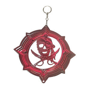 Pirate Skull & Cross Swords Red Metallic Wind Spinner Metal Garden Art 8"